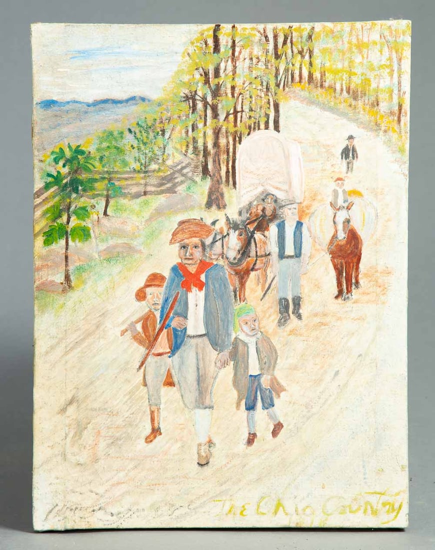 THE OHIO COUNTRY 1818 BY EARL HASTINGS BEYMER (OHIO, 1890-1975): Oil on canvas, titled lower right. Depiction of early settlers coming west, likely on the National Road. Unframed, 16.5" high, 12" wide. Beymer was born in Beymerstown (now Old Washington), in Musking
