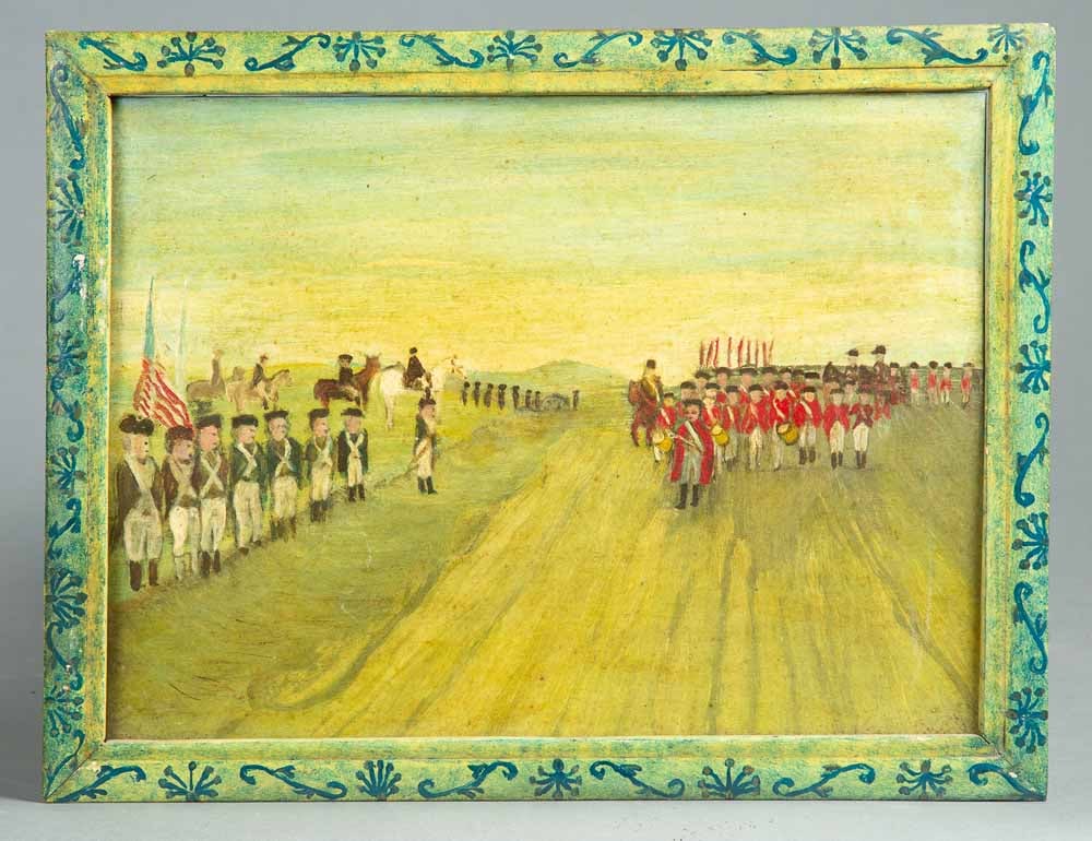 SURRENDER OF CORNWALLIS BY EARL HASTINGS BEYMER (OHIO, 1890-1975): Oil on artist's board, titled, signed, and dated 1962 on verso. View of Lord Cornwallis and his troops surrendering to the Continental Army at Yorktown. In its original frame, 14" high, 18" wide (over
