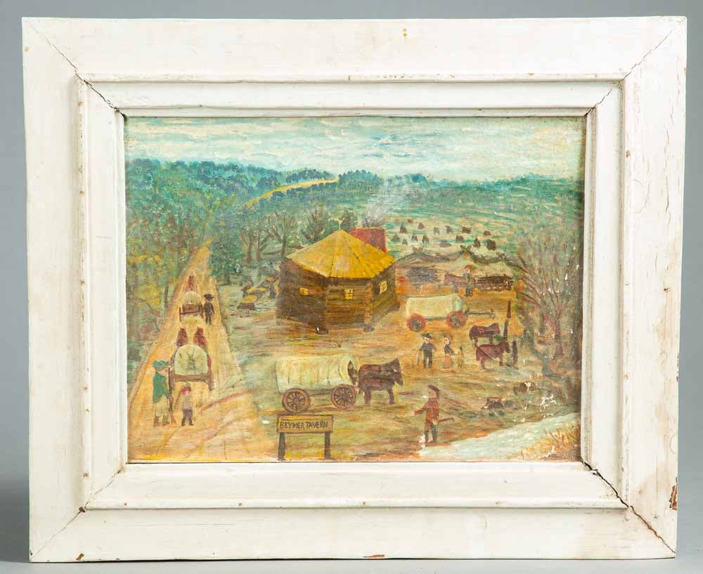 BEYMERTOWN BY EARL HASTINGS BEYMER (OHIO, 1890-1975): Oil on canvas mounted on artist's board, signed, titled, and dated 1963 on verso. Historical view of the early settlement of Beymerstown, now Old Washington. In its original frame, 18" high, 22" wide 