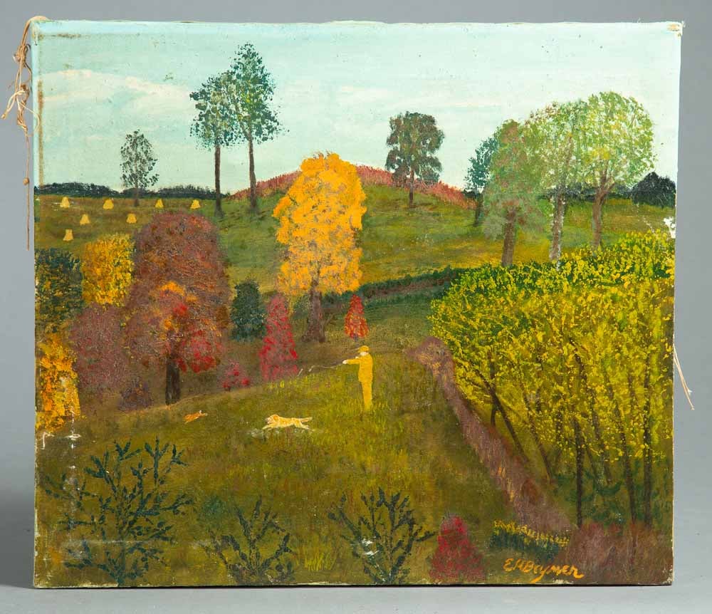 HUNTING BY EARL HASTINGS BEYMER (OHIO, 1890-1975): Oil on canvas, signed lower right. Early fall view of a man and his dog hunting rabbits. Unframed, 18.5" high, 21" wide. Beymer was born in Beymerstown (now Old Washington), in Muskingum County. Durin