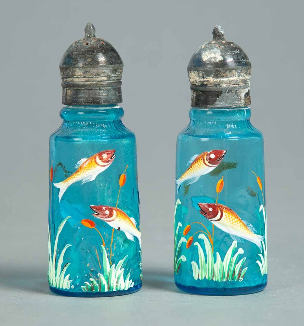 PAIR OF ENAMELED SHAKERS/CASTERS: Probably Moser, late 19th century. Teal blue bodies with pond life, including fish and snakes. 4.5" high.