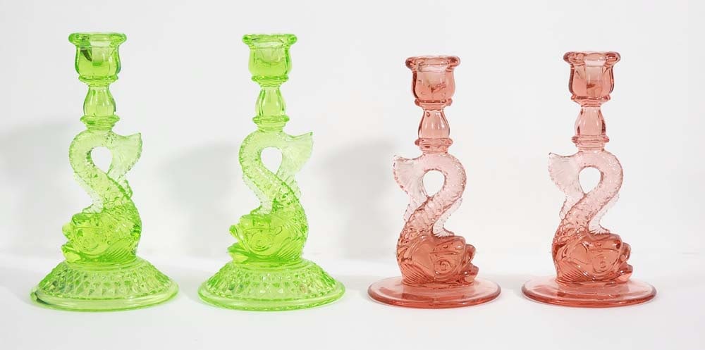 TWO PAIRS OF CAMBRIDGE GLASS DOLPHIN CANDLESTICKS (1 of 7)