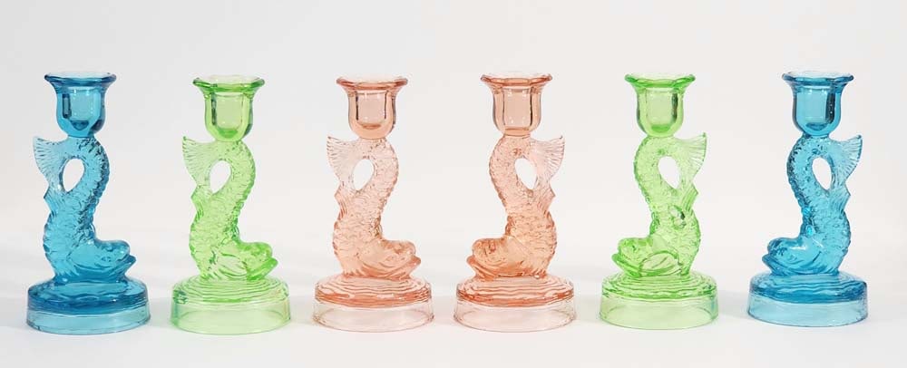THREE PAIRS OF TIFFIN GLASS DOLPHIN CANDLESTICKS (1 of 8)