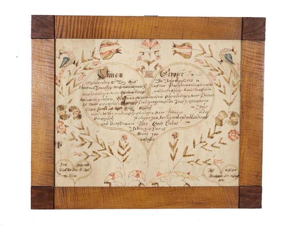 PENNSYLVANIA FRAKTUR: Watercolor and ink on paper, Chapman Township, Northumberland County, Pennsylvania, 1811. Fraktur faufschein for Simon Straser, with a large central heart with birth and baptismal information, surroun