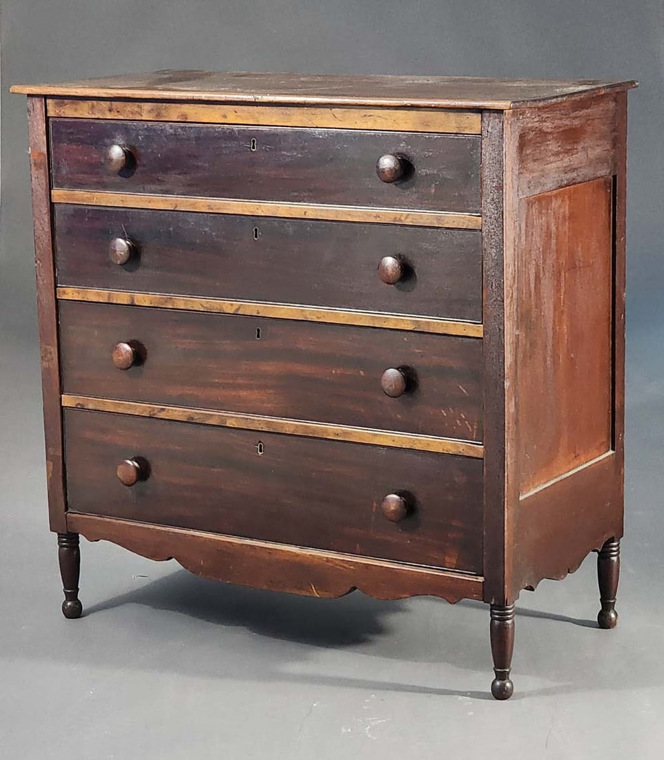 SHERATON CHEST OF DRAWERS: American, 1815-1830, mahogany, poplar, and pine. Four graduated, veneered drawers on turned legs. 41" high, 40.5" wide, 20" deep.