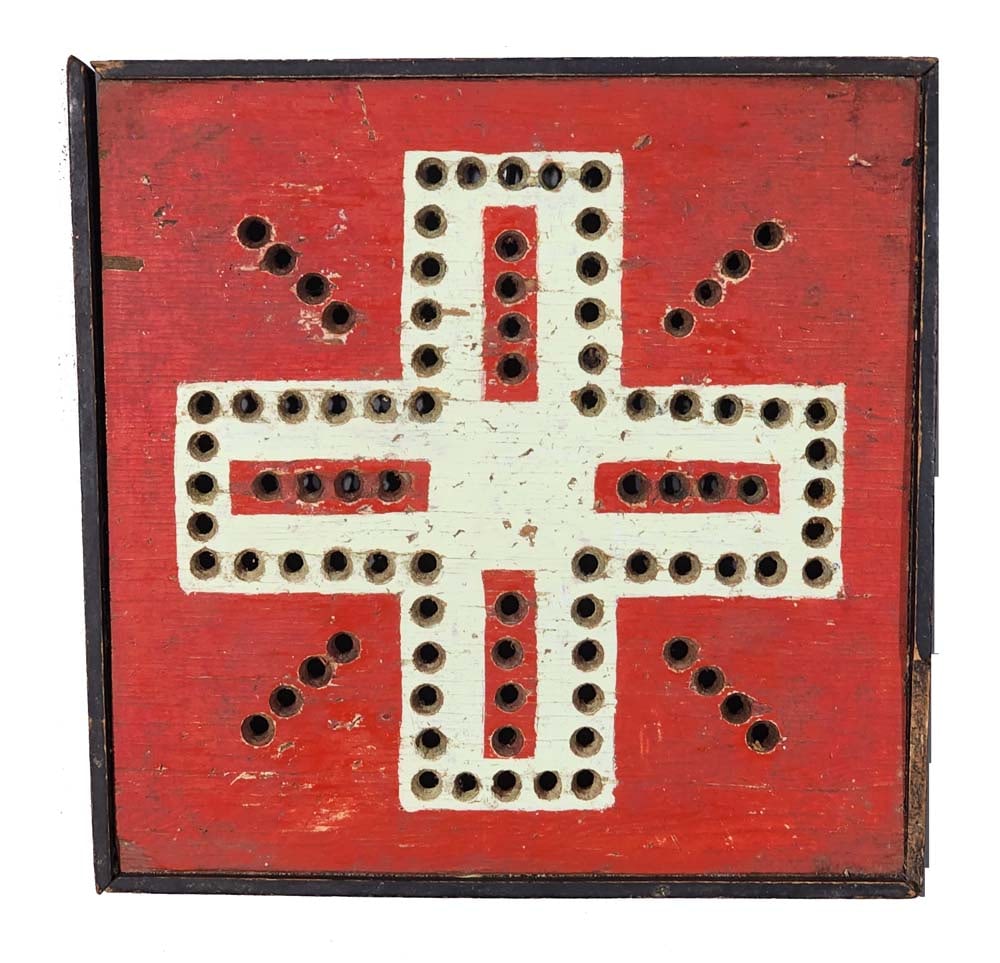 "WAHOO" GAMEBOARD: American, early/mid-20th century, wood. Retains its original red, white, and black paint. 14.75" square.