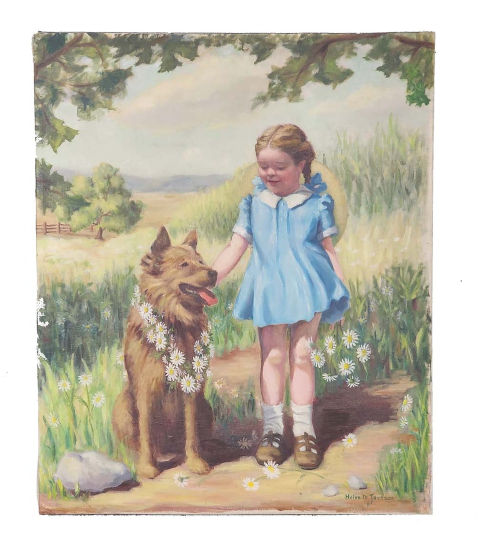 PORTRAIT OF A GIRL AND HER DOG: Signed Helen M. Jackson, mid-20th century, oil on canvas. Cute full-length portrait of a girl in a blue dress and her dog wearing a daisy necklace. Unframed, 36" high, 29.5" wide.