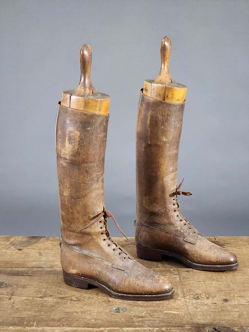 PAIR OF LEATHER BOOTS WITH FORMS: Late 19th-early 20th century. 22" high (overall).