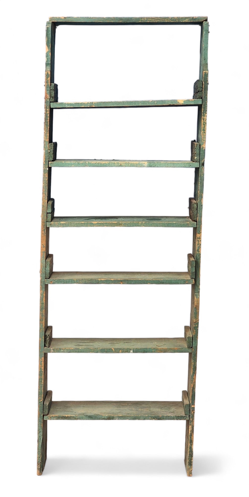 PAINTED SHELF: American, 1st half-20th century, pine. Tall shelf in green paint. 62.25" high, 25" wide, 7.5" deep.