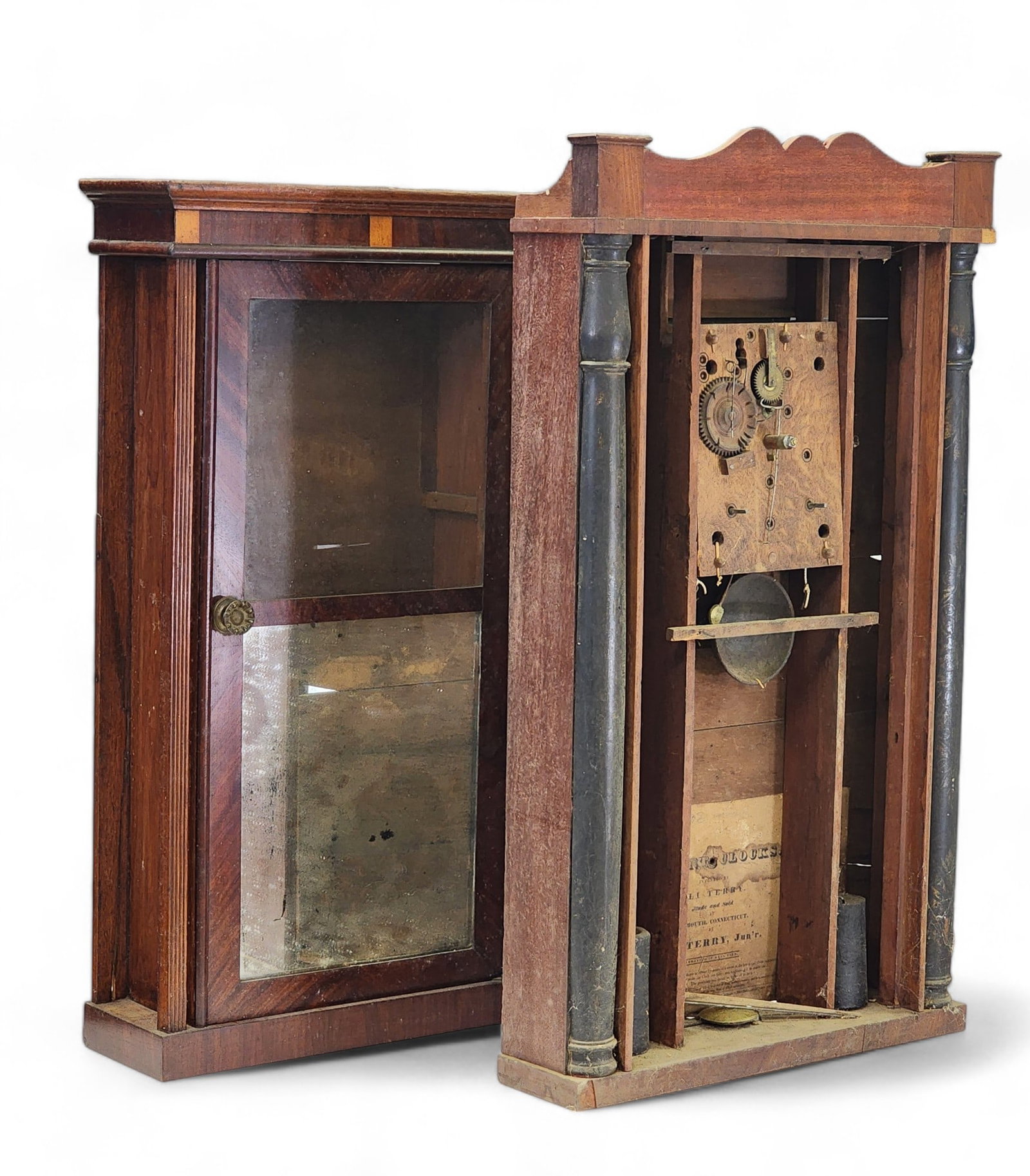 TWO PROJECT CLOCKS: Eli Terry Jr (has movement) and E. and T. Sandfords (no movement), plus additional parts.