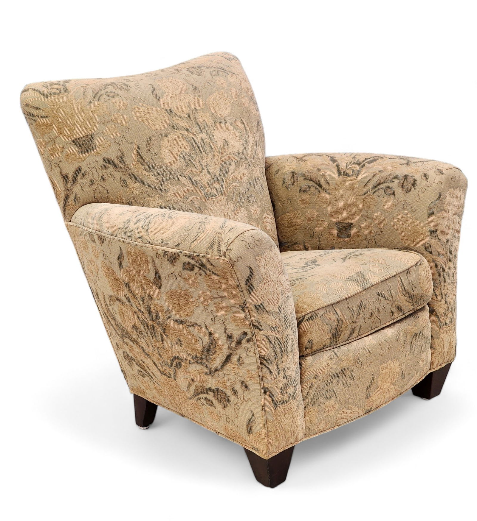 STICKLEY UPHOLSTERED ARMCHAIR: Labeled "Stickley Fine Upholstery," contemporary. Woven floral fabric. 39" high, 40" wide, 34" deep.