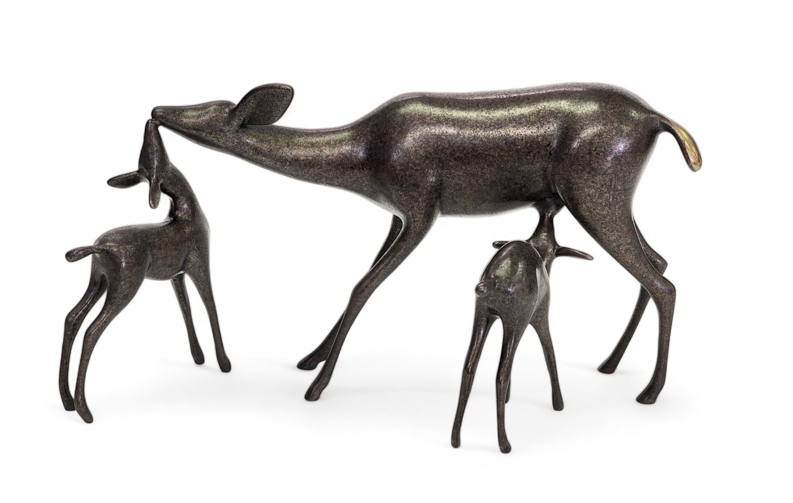 BRONZE DEER BY LOET VANDERVEEN (DUTCH/AMERICAN, 1921-2015): Signed and dated 1968. Stylized doe and twin fawns. 11" long.