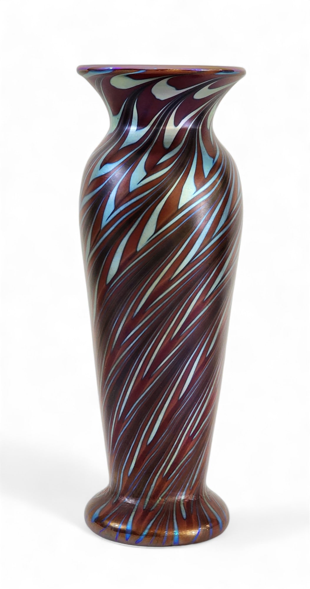 ART GLASS VASE: Inscribed "Steuben" on the underside (but likely not an authentic mark). 20th century. Tall, slender vase in red and blue. 10" high.