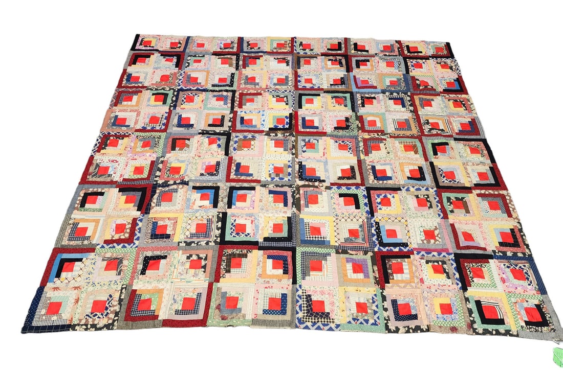 LOG CABIN QUILT: West Virginia, c. 1925. Unfinished (unbound, each block is backed). 82" by 73". From the Harlow/Schwindler estate, Roane County.