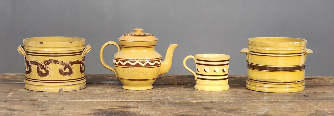 FOUR PIECES OF MOCHA-DECORATED YELLOW WARE (1 of 8)