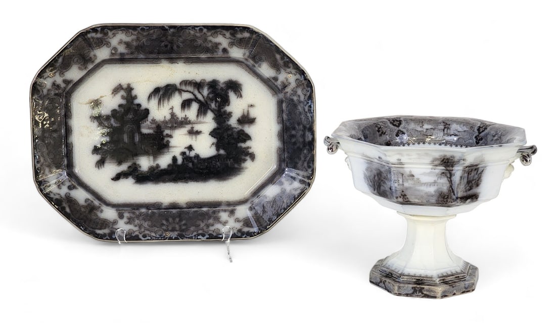 FLOW MULBERRY COMPOTE AND PLATTER: English, 19th century. John Alcock Vincennes pattern compote, 8.5" high; together with a Corean pattern platter, 16" long.