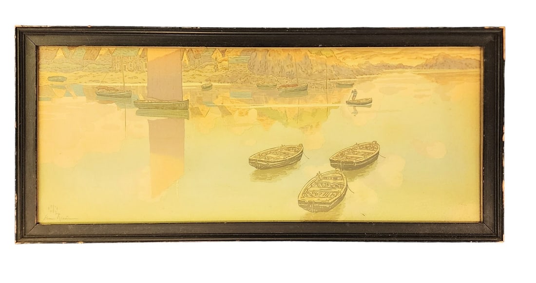 LITHOGRAPH BY HENRI RIVIERE (FRENCH, 1864-1951): Signed in the plate. View of boats on a river or lake, with a village and mountains in the background. In vintage black-painted frame, 11.5" high, 20.5" wide (overall).
