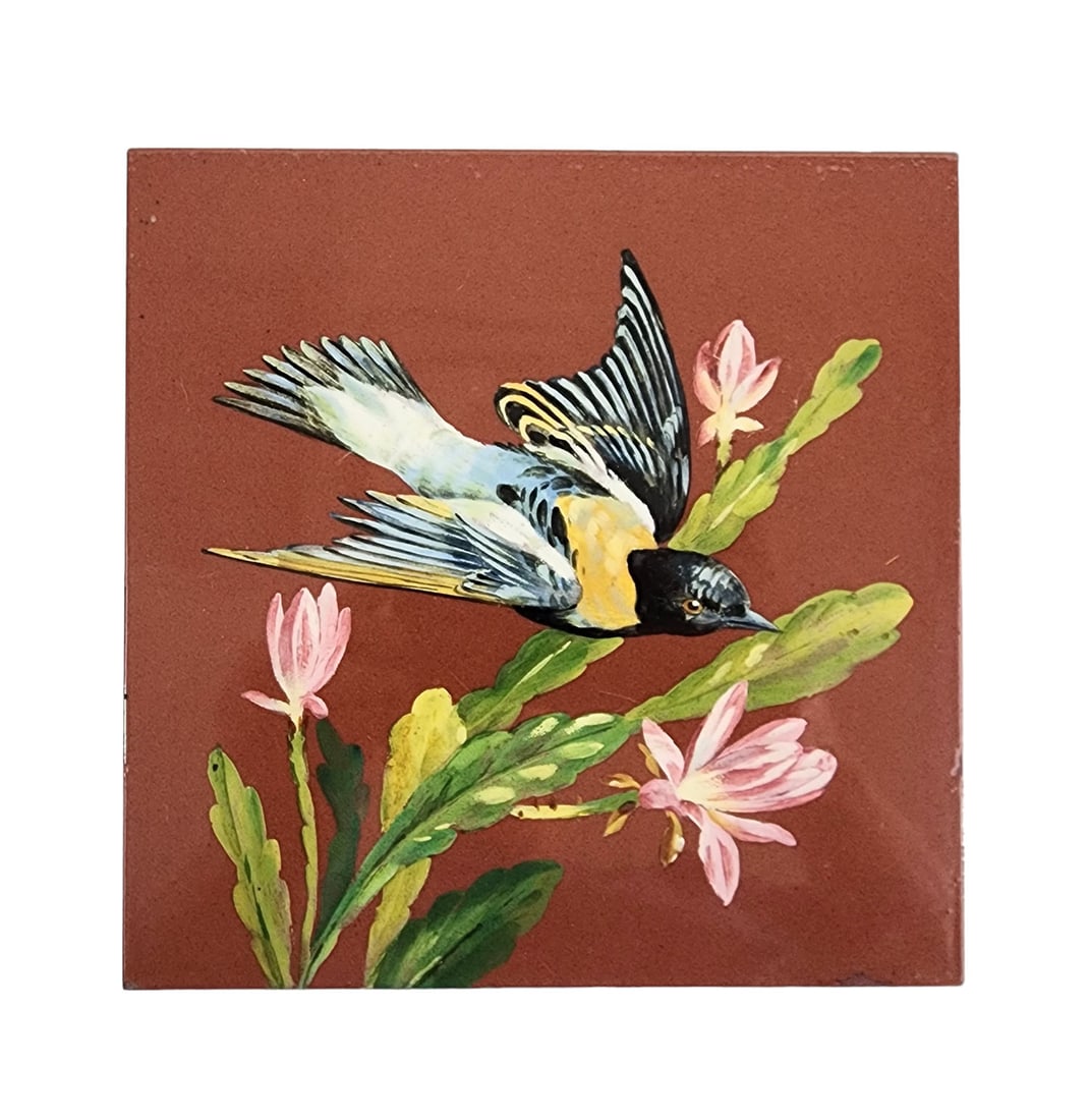 HANDPAINTED MINTONS TILE.: English, late 19th-early 20th century. Redware tile with scene of a bird and flowers. Marked on back "Mintons China Works Stoke On Trent". 8"sq.