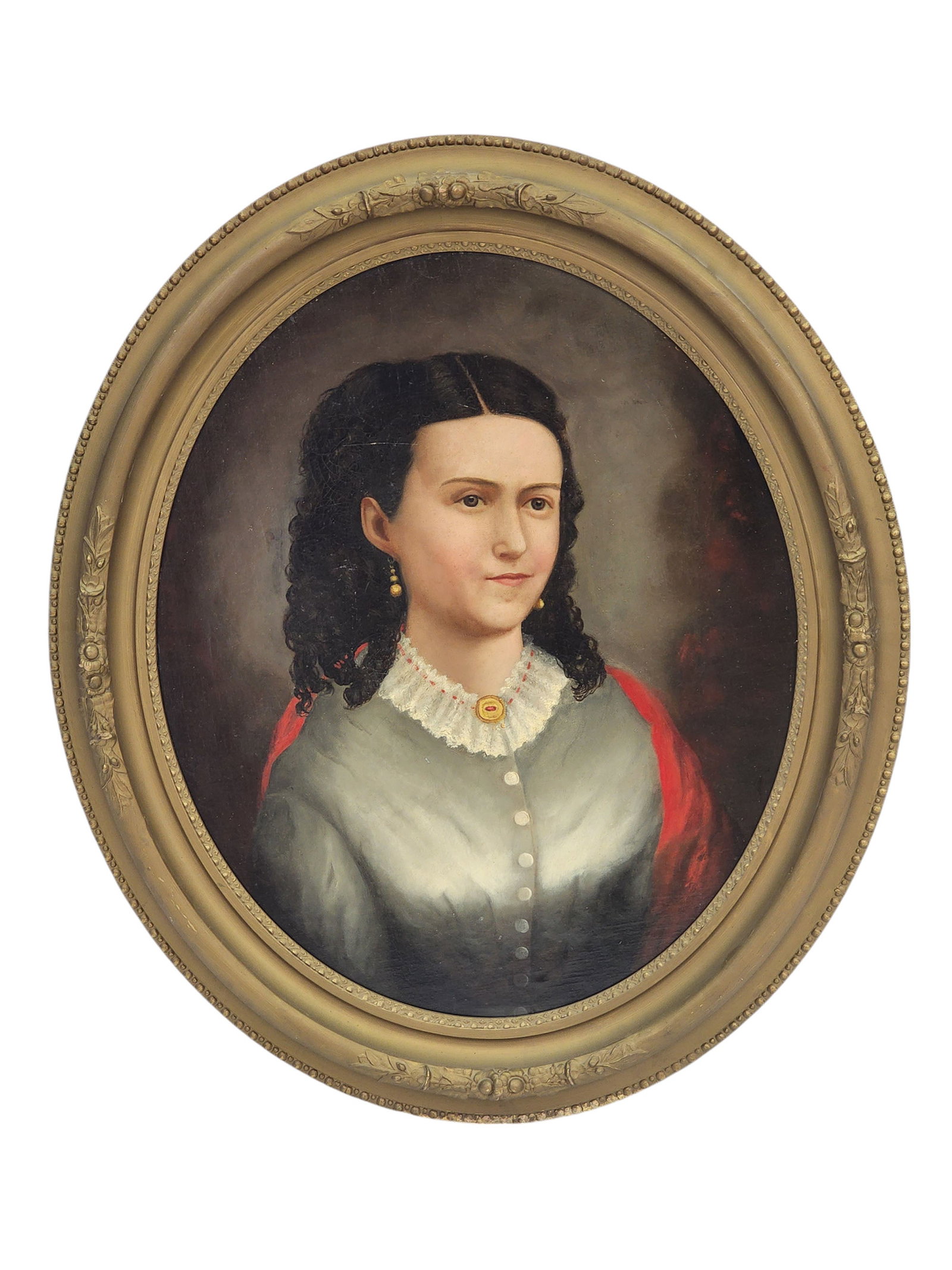 PORTRAIT OF A YOUNG OHIO LADY: Oil on canvas, 1865-1870, unsigned. Half-length portrait of a lovely young lady wearing a gray dress and red cloak, and with gold jewelry. In its original gilt frame. 24" high, 20" wide (canvas); 30" 