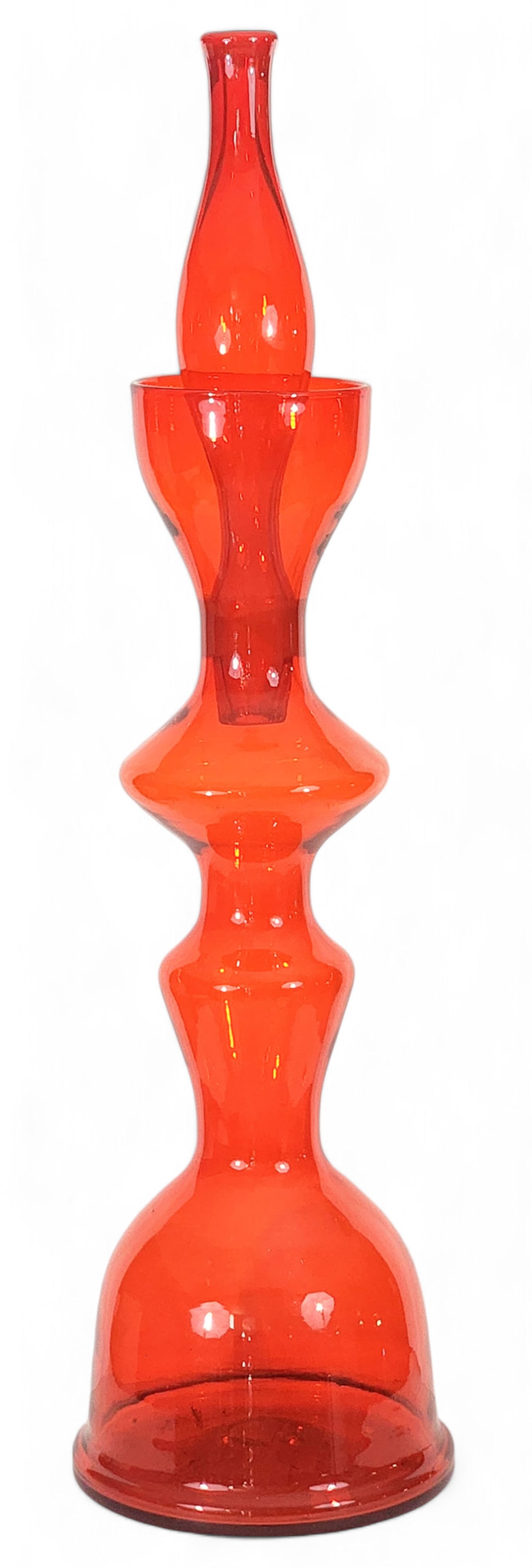 BLENKO FLOOR DECANTER BY WAYNE HUSTED: Milton, West Virginia, mid-20th century. Monumental 5929 "chess" decanter in red/orange, with stopper. 36.25" high.