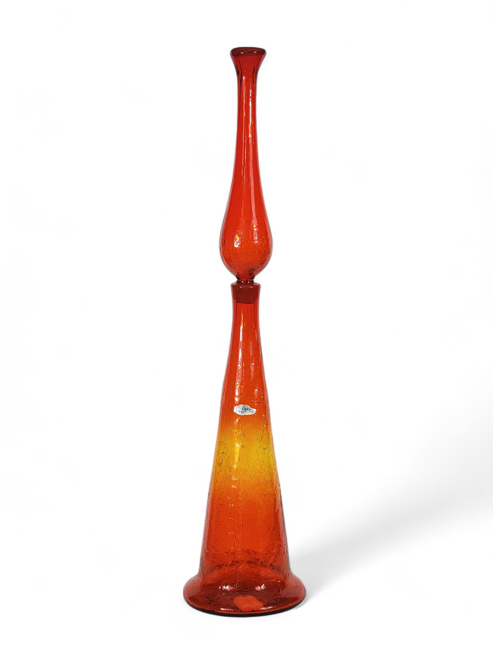 BLENKO GLASS FLOOR DECANTER: Milton, West Viriginia, mid-20th century. Tangerine crackle, with stopper; signed and stickered. 29.25" high.
