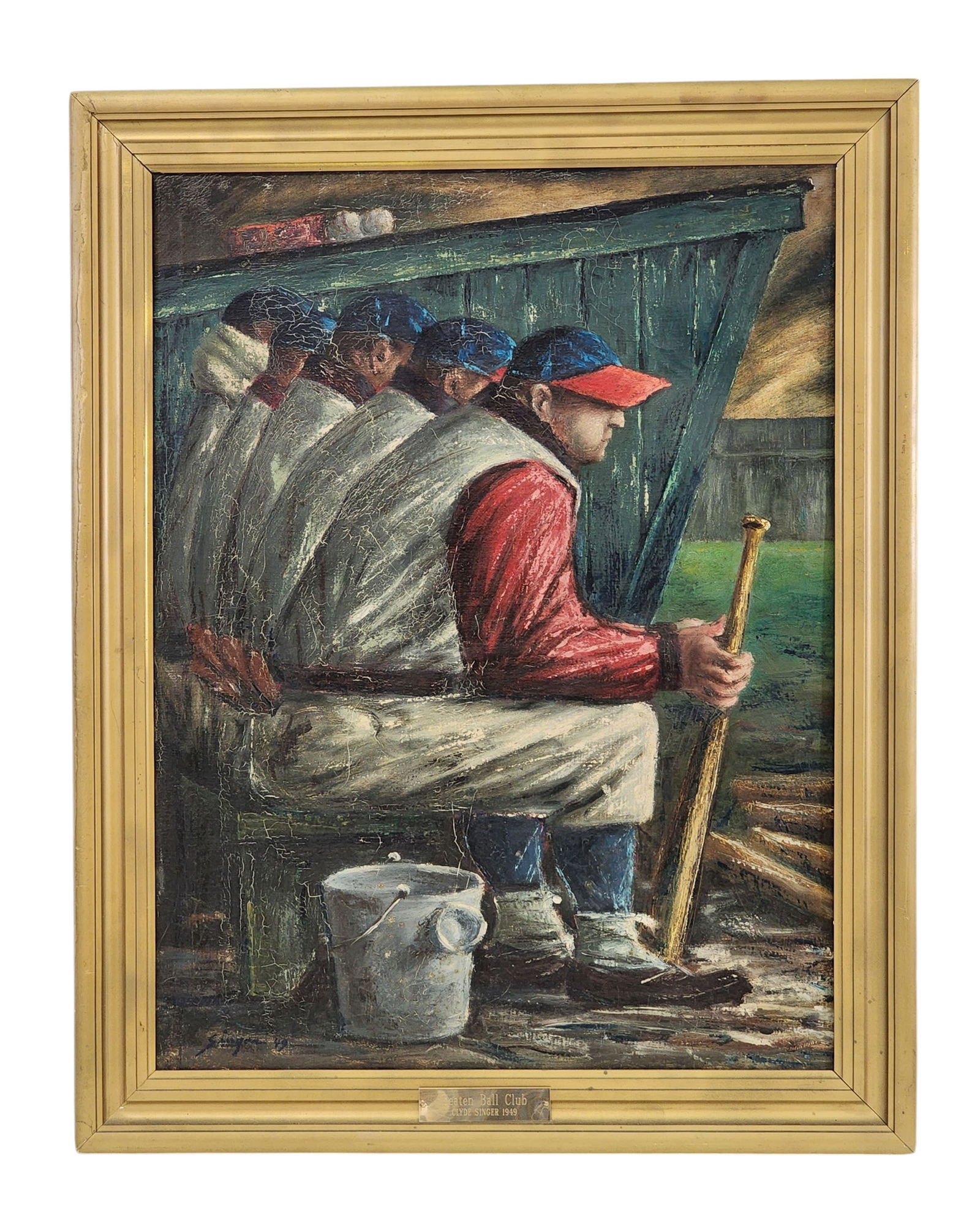 CLYDE SINGER (OHIO, 1908-1999), BEATEN BALL CLUB: Oil on canvas, signed lower left and dated 1949, and titled on the back. View of ballplayers in the dugout. 28" high, 22" wide (canvas), 32.5" high, 25.5" wide (framed). On the back is the date 1939 s