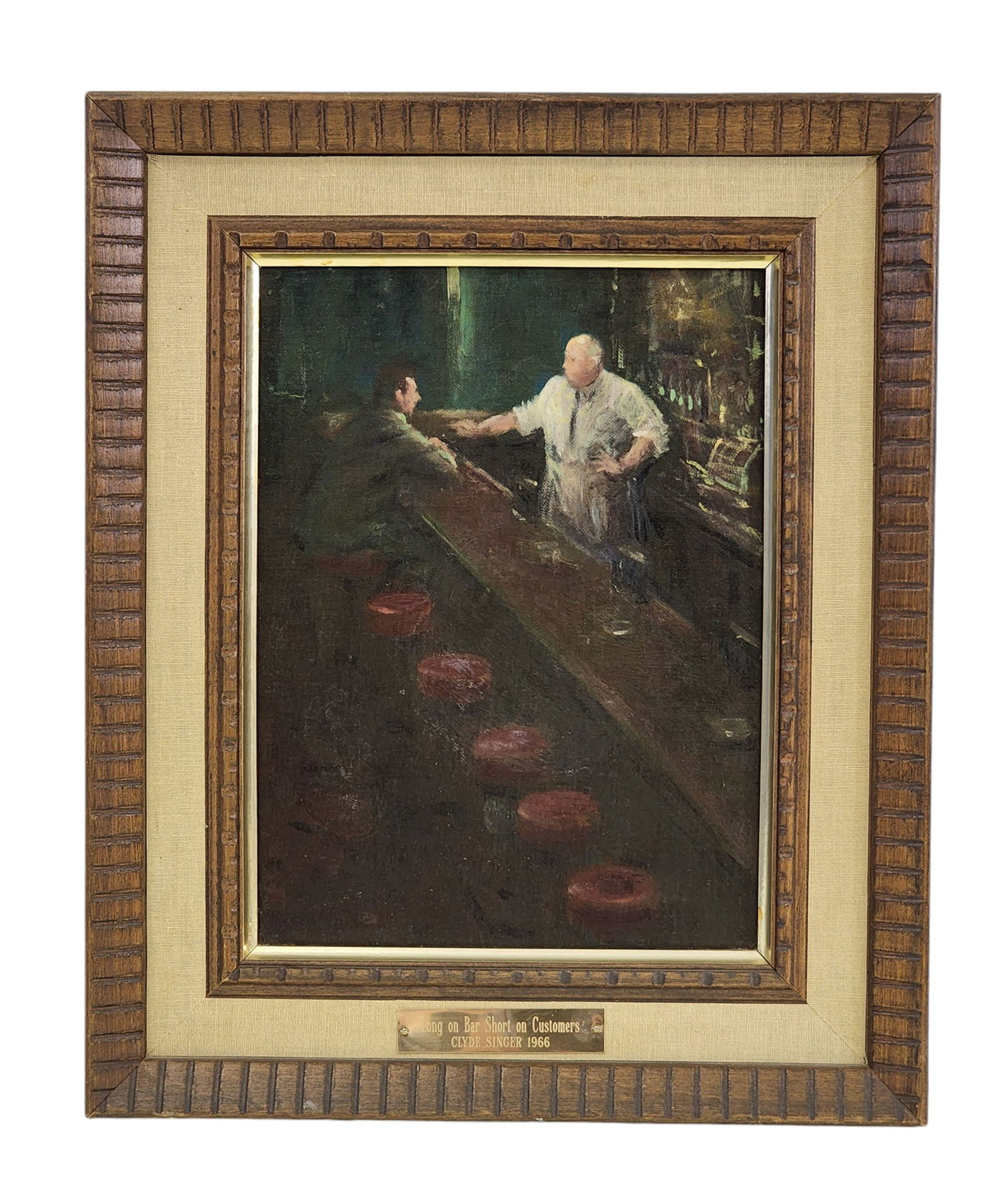 CLYDE SINGER (OHIO, 1908-1999), LONG ON BAR, SHORT ON CUSTOMERS: Oil on canvas board, titled, signed, and dated 1966 on the back. View of a quiet afternoon in a tavern. 12" high, 9" wide (board), 17" high, 14" wide (framed). Includes two presentation inscriptions o