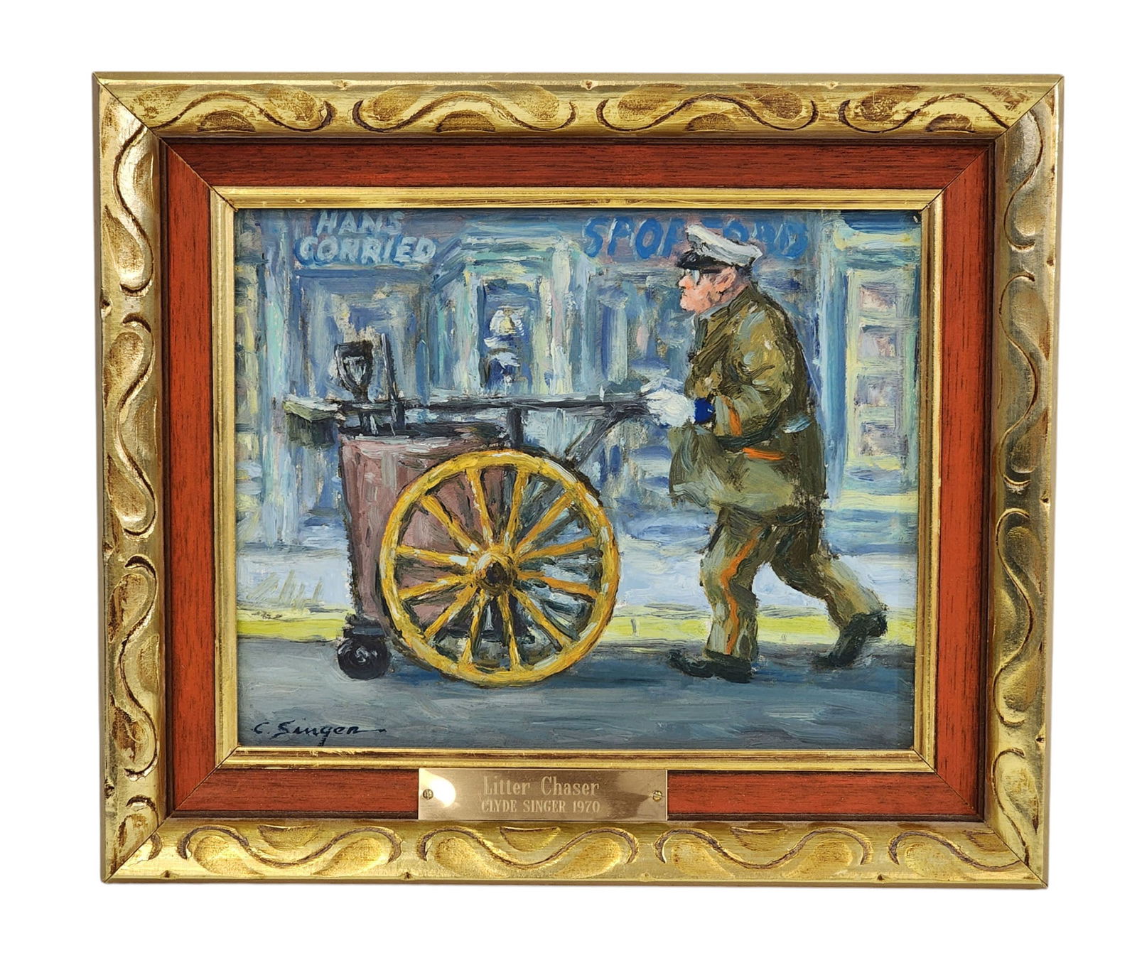 CLYDE SINGER (OHIO, 1908-1999), LITTER CHASER: Oil on artist board, signed lower left, and titled, signed, and dated 1970 in the back. A small view of a city street sweeper on his rounds. 8" high, 10" wide (board), 11.25" high, 13" wide (framed).