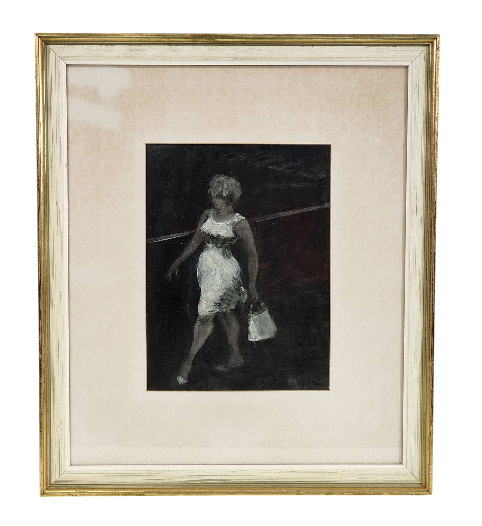 CLYDE SINGER (OHIO, 1908-1999), GIRL IN WHITE ON BLACK STREET: Oil on masonite, signed lower right, and signed/titled on back, and dated 1963. Woman in a white dress strolling down the street. 11.5" high, 8.5" wide (sight); 21.5" high, 18.5" wide matted and frame