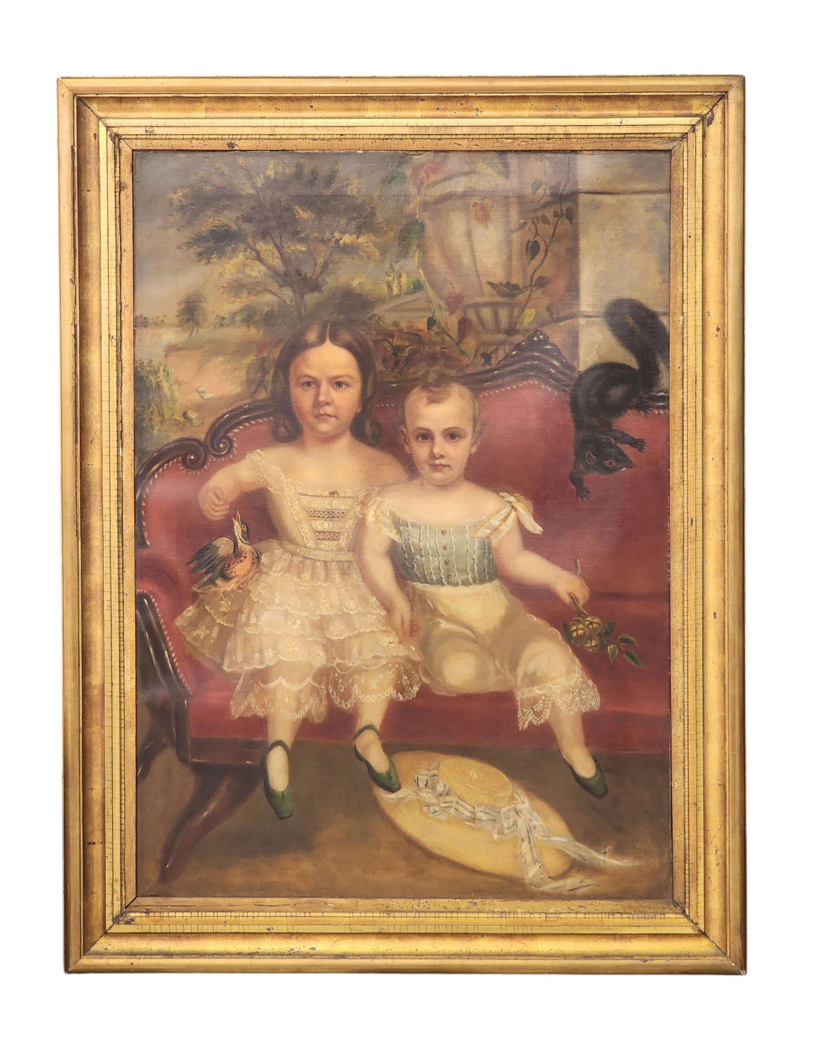 PORTRAIT OF TWO CHILDREN: American, mid-19th century, oil on canvas. Large, full-length portrait of two children sitting on a sofa in front of a classical landscape. The oldest is feeding a bird and the youngest is holding a s