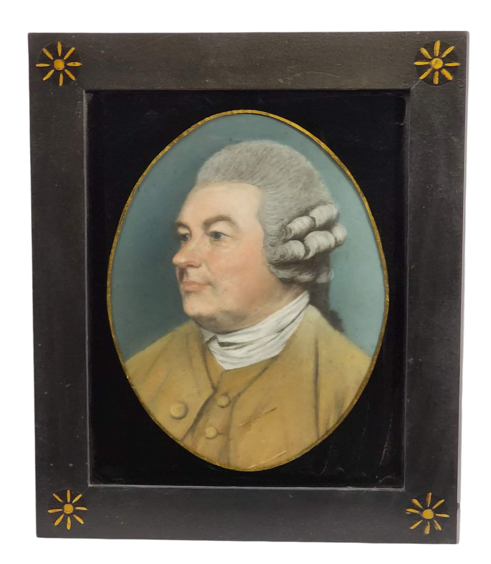 PORTRAIT OF A WIGGED GENTLEMAN: English or American, late 18th century, pastel on paper. Bust-length portrait of a man in a brown suit. In an eglomise mat and decorated frame. 11" high, 8.5" wide (sight), 16" high, 13.5" wide (overa