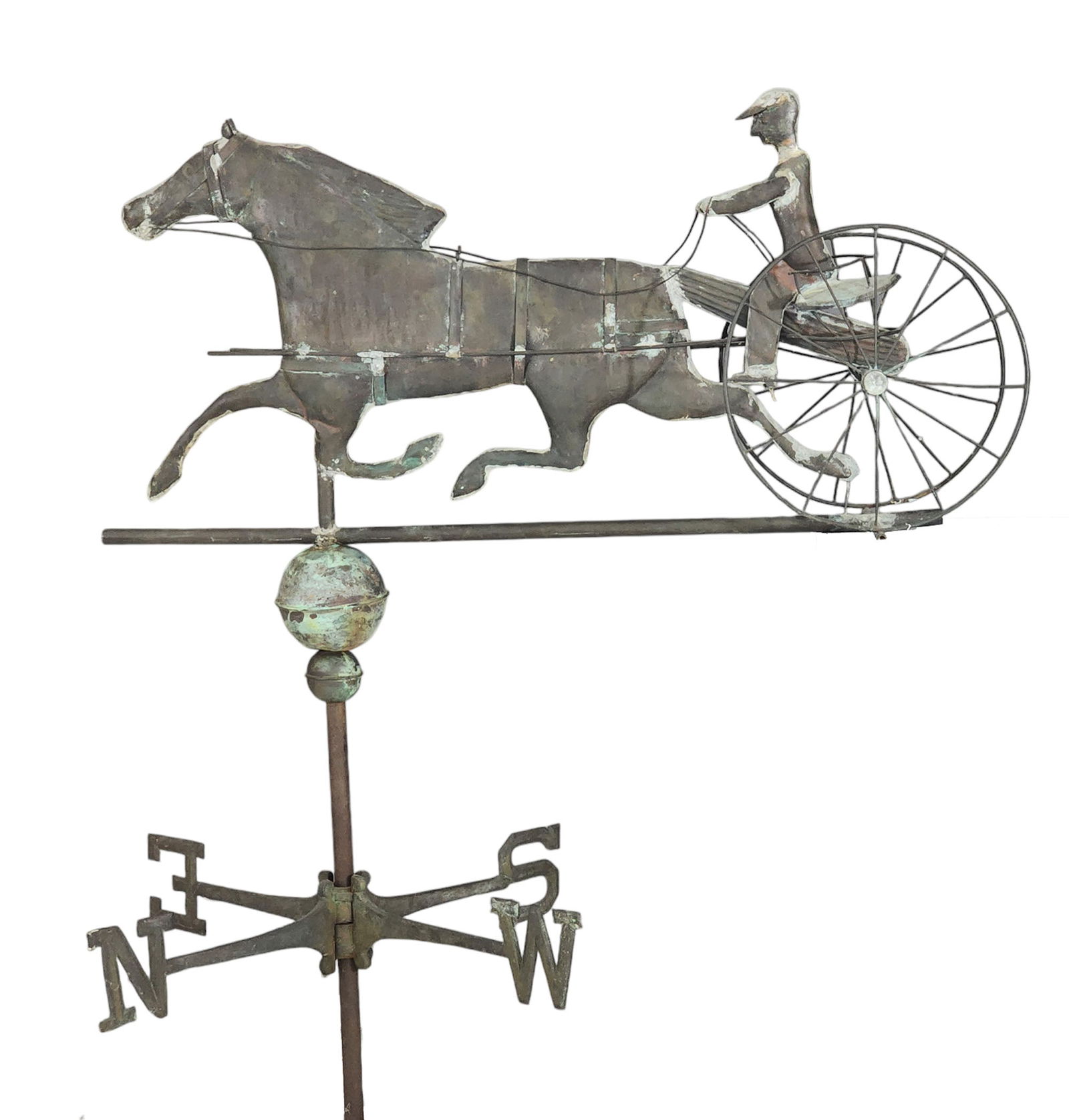 SULKY WEATHERVANE: American, mid-20th century, copper. With directionals and mounting pole. 39" long, 59" high (with mounting pole).