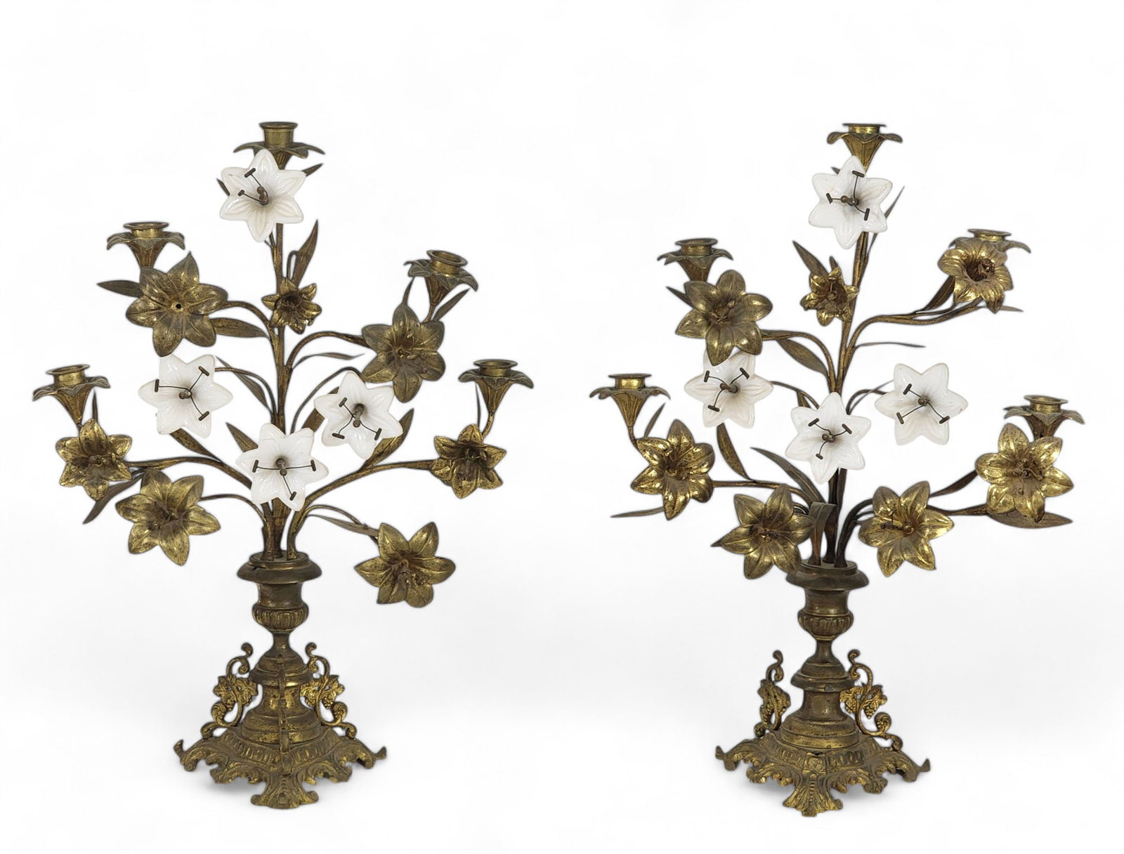 PAIR OF FLORAL GARNITURES: European, early 20th century, brass and glass. Five-arm candelabra with elaborate floral decoration. 22" high.