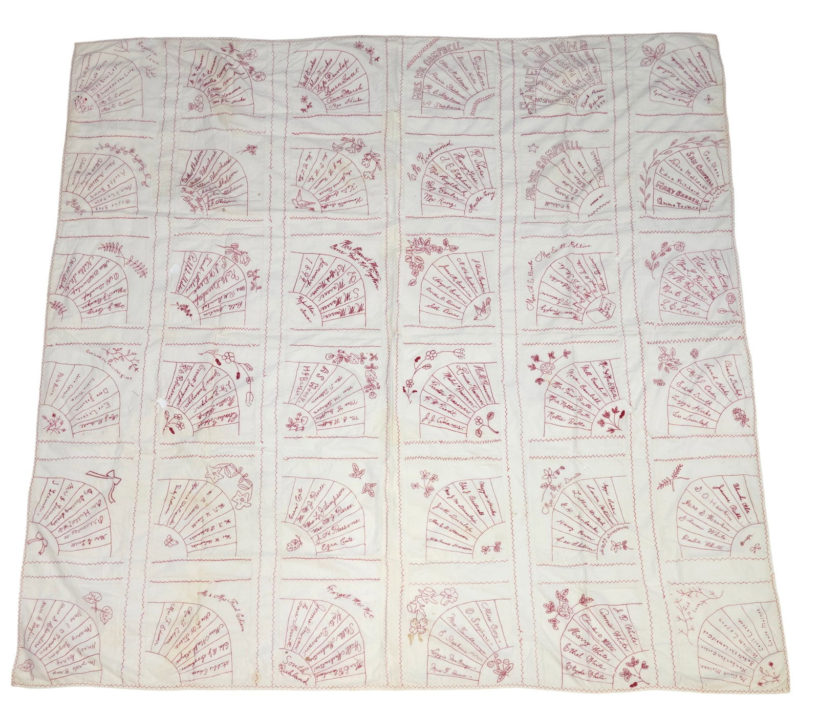 IOWA FRIENDSHIP QUILT TOP: Republic, Iowa, dated 1899, cotton. 36 blocks, each with a fan design containing numerous names and sayings. 81" by 79.5".