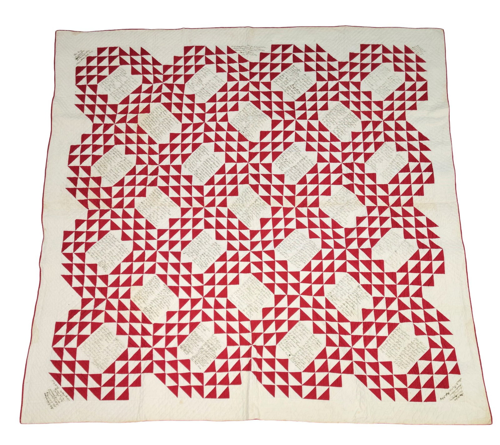 OHIO SIGNATURE QUILT: Mostly Wayne and Summit Counties, late 19th century, cotton. Red and white, with triangular piecing forming 25 reserves in which are ink-signed many names, with additional names at the corners. 80" by