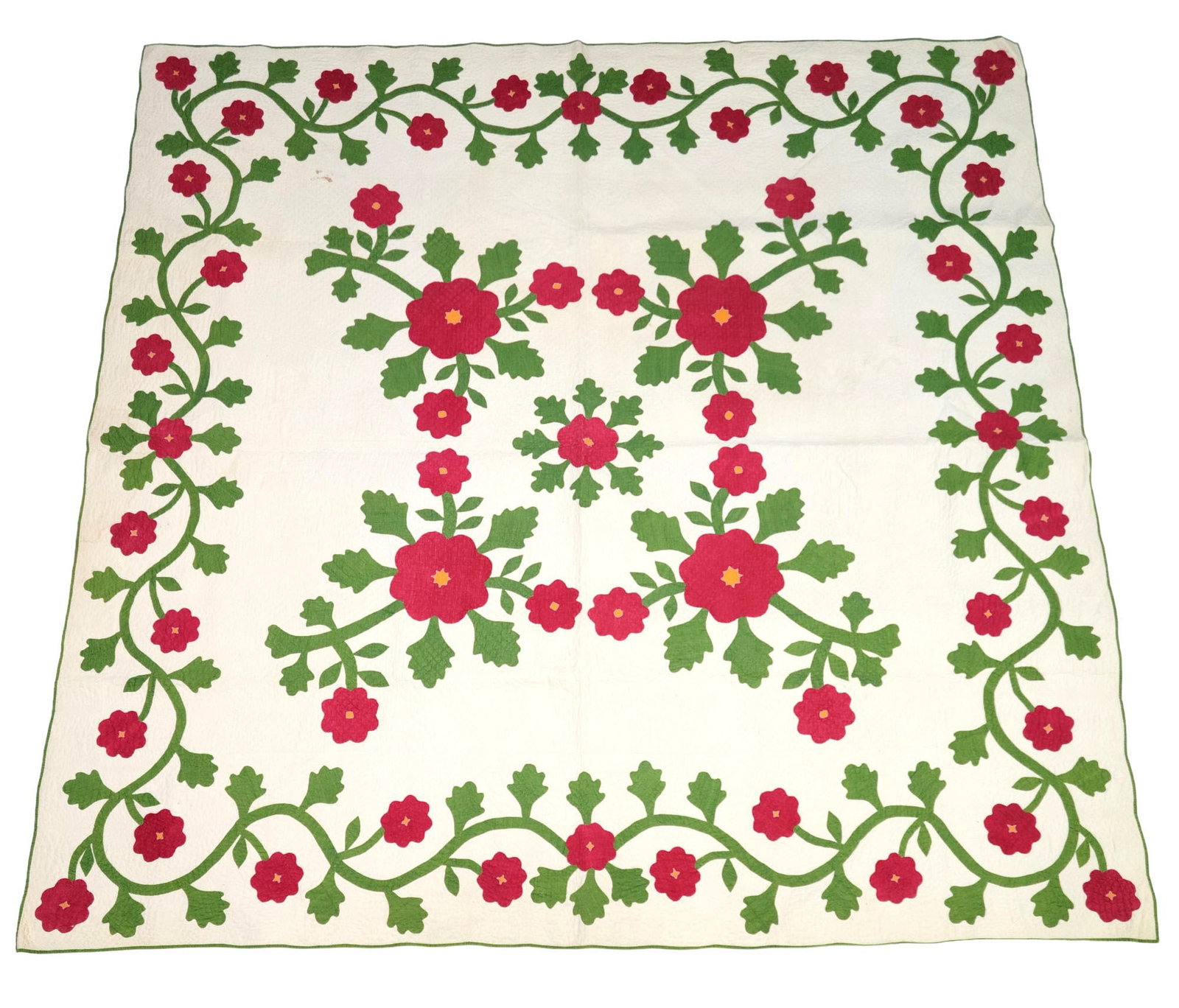OHIO FLORAL APPLIQUE QUILT: Found in Belmont County, mid-19th century, cotton. Large floral medallion at center, with elaborate floral and foliate border. The flower have tiny stiched filaments at center. 88" square. Purchased f