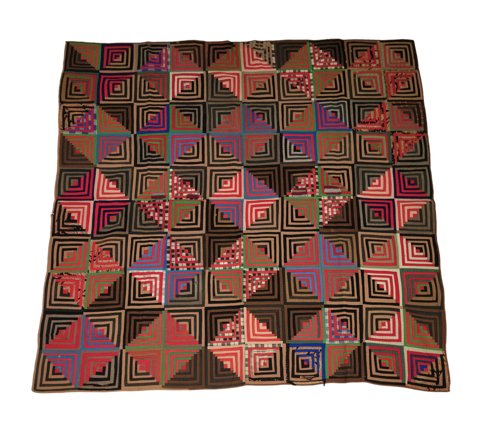EYEDAZZLING LOG CABIN QUILT: Late 19th century. A 10 by 10 grid where the colors create a diamond pattern. With an unusual patchwork backing. 77" by 75".