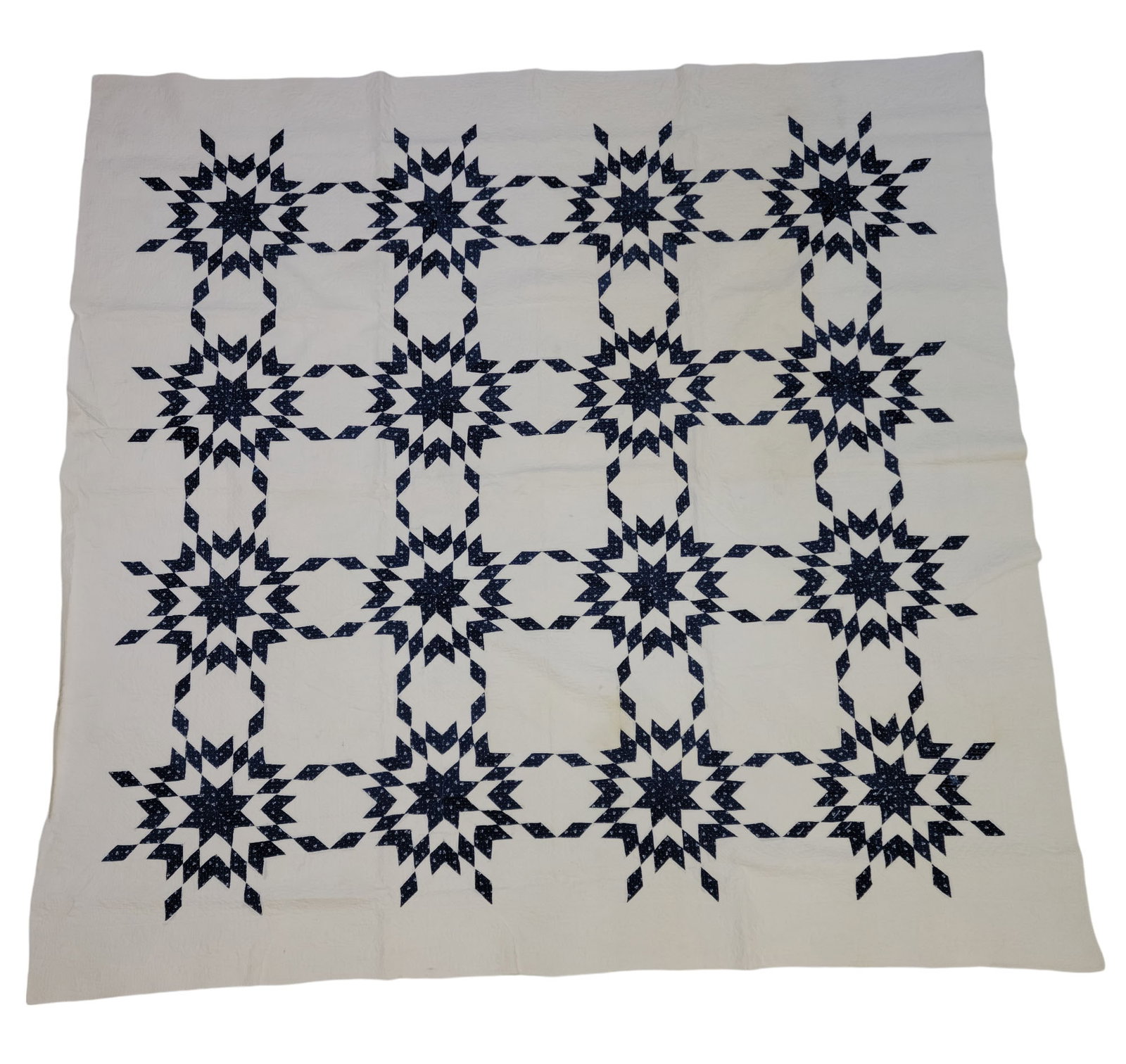 OHIO PIECED QUILT: Found near Bellville, Richland County, late 19th century. Blue and white grid of 16 stars. 88" by 86.5".