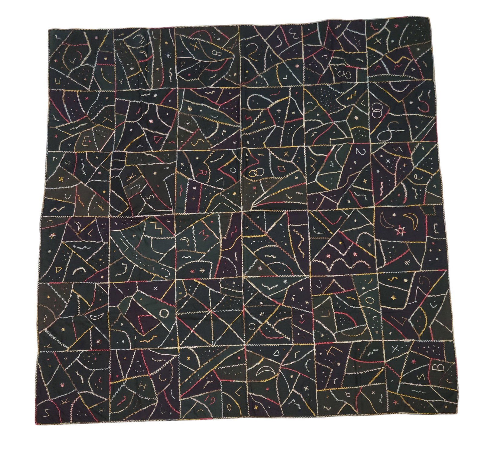 CRAZY QUILT: American, late 19th-early 20th century, various fabrics. Abstract design with various embroidered symbols, letters, and numbers. 73" by 72".