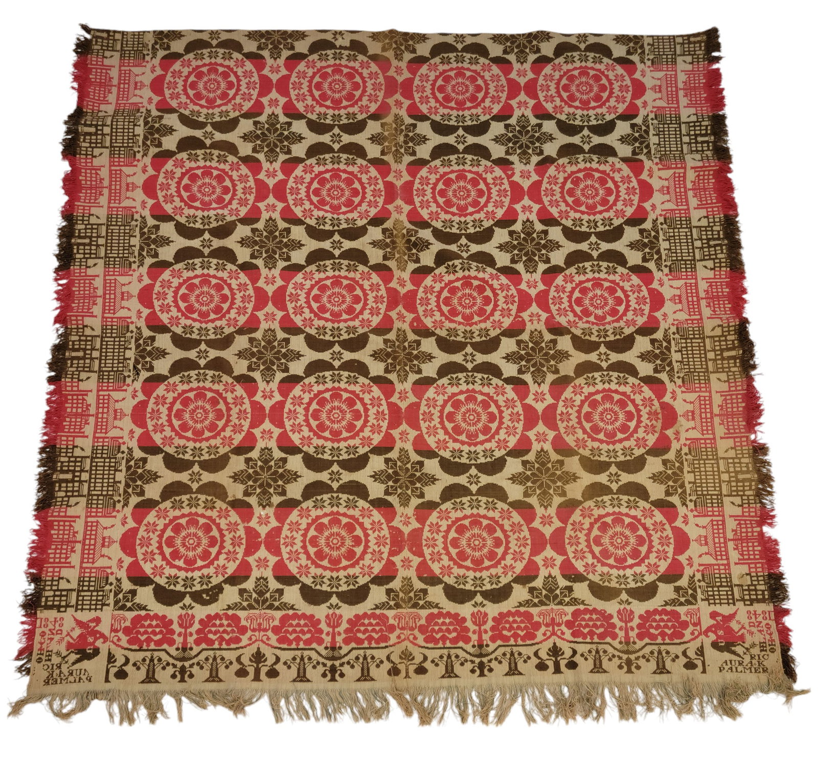 RICHLAND COUNTY, OHIO COVERLET: Unidentified weaver, for Aura K. Palmer, 1848. Green, red, and white, with wreaths, and borders with double rows of buildings and stylized flowers, and the corner block with a "USA" eagle. 84" by 81".