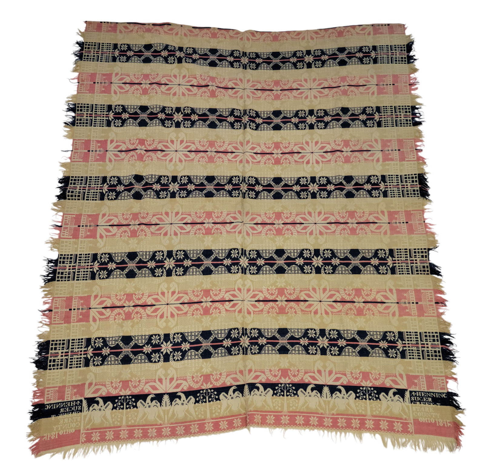 SUGAR CREEK TWP, OHIO COVERET: Adam Henning, Stark County, 1845. Dark blue, pink, ochre, and white, with floral design, and building and eagle borders. 85" by 69".