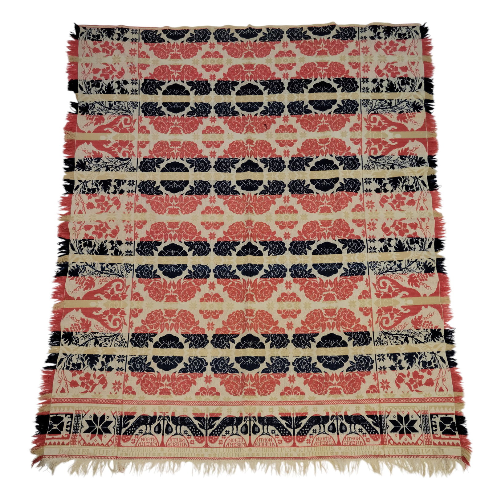 OHIO COVERLET: Daniel Bury, probably Cornersburg, Mahoning County, c. 1850. Blue, red, gold, and white, with medallions, and borders with flowers and peacocks, as well as "North America" and "E Pluribus Unum.", 84" 