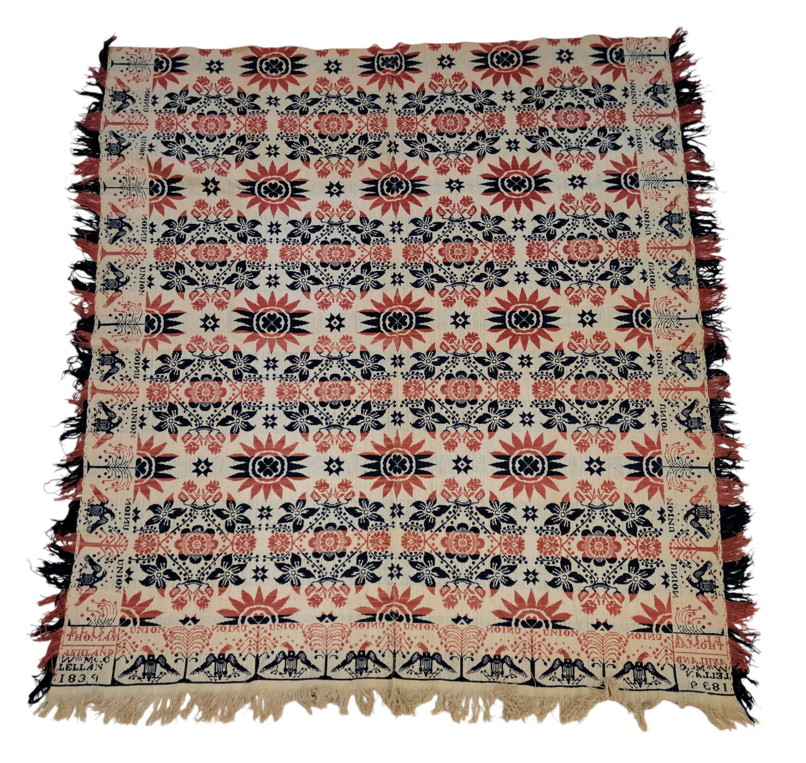 ASHLAND, OHIO COVERLET: William McClellan, 1834. Red, white, and blue with centerfield of alternating rows of floral medallions, including tulips, and a border of eagles with shields, trees, and the word "UNION". Corner bloc