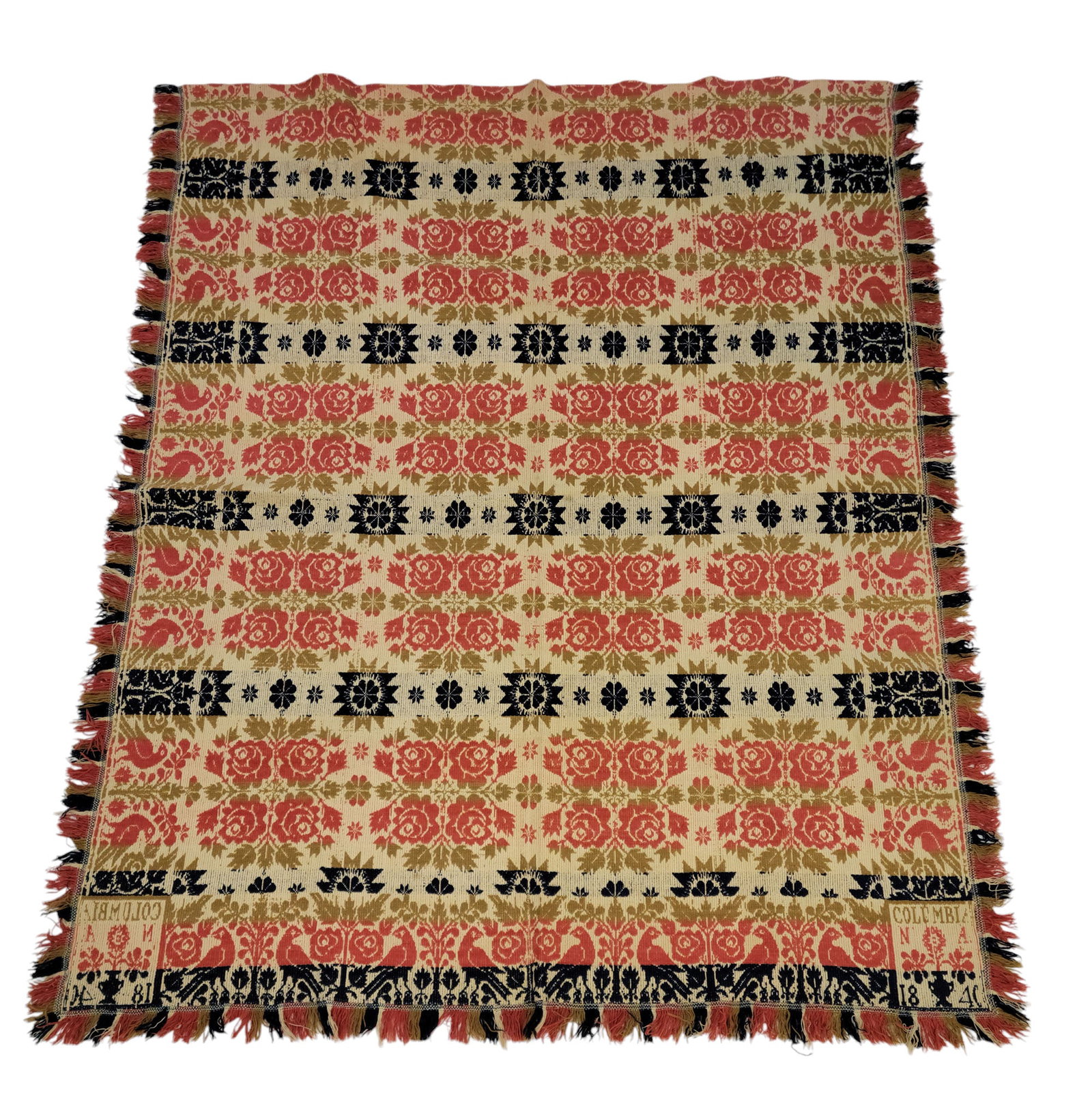COLUMBIANA COUNTY, OHIO COVERLET: 1840. A two-piece coverlet in coral, blue, and gold with centerfield of rose medallions, bird and tree borders with roses, corner blocks with floral urns and "COLUMBIANA 1840", 89" by 76".