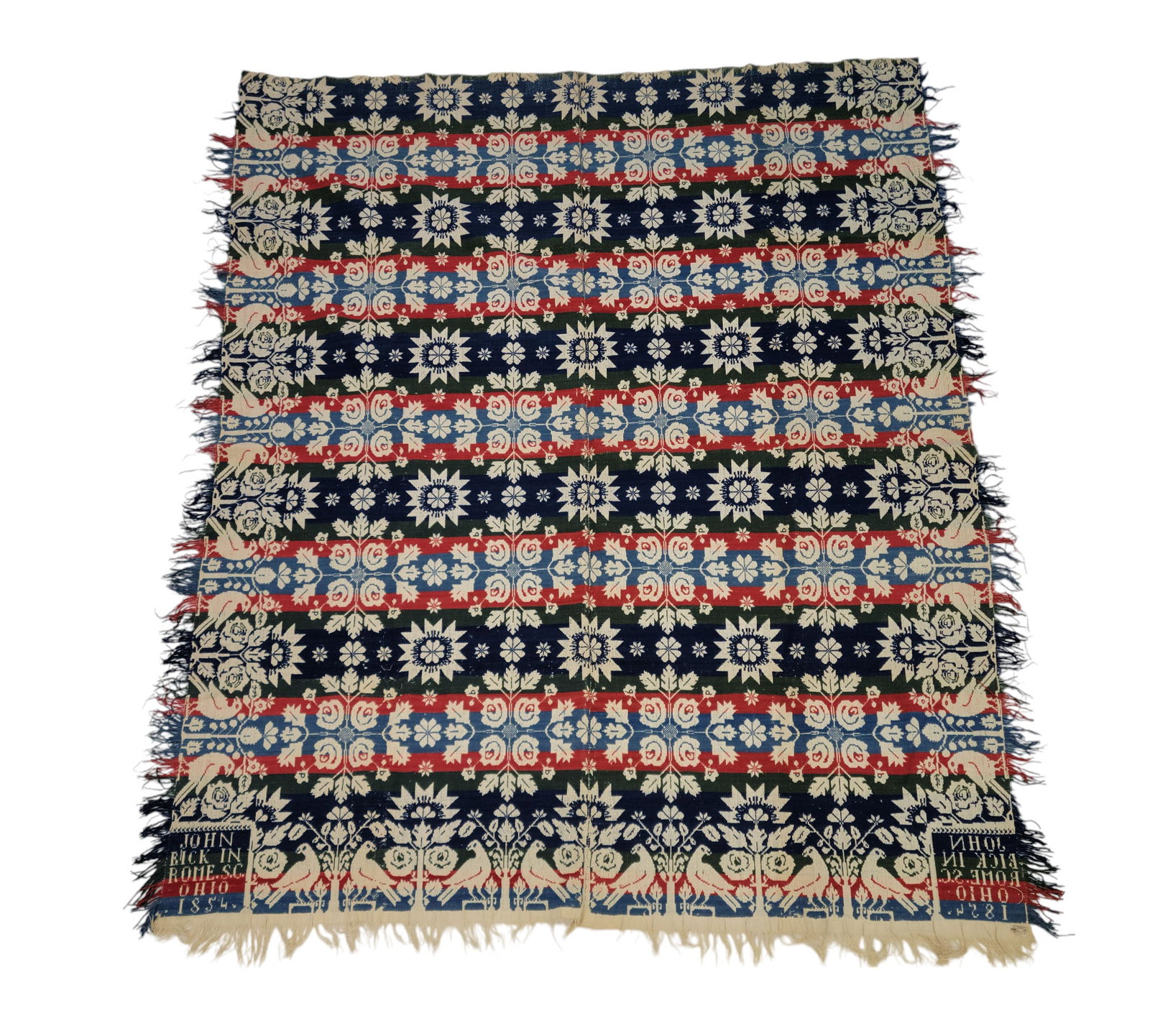 SENECA COUNTY, OHIO COVERLET: John Bick, Rome, Seneca County, Ohio, 1854. Two piece coverlet in dark blue, green, light blue, and red with floral and star designs on interior, bird and tree border, corner blocks signed and dated "