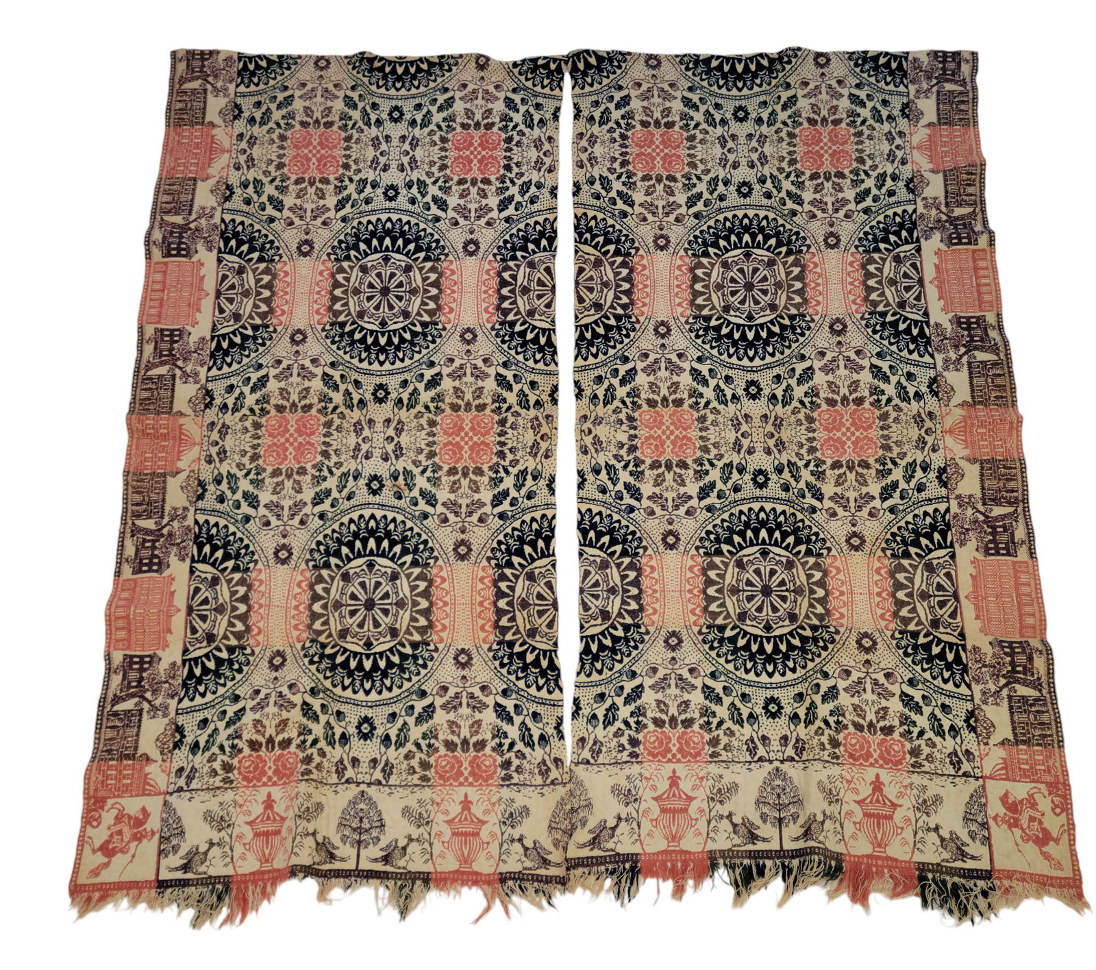 JACQUARD COVERLET WITH PURPLE: Unidentified American weaver, mid-19th century. Purple, pink, and blue with alternating rows of floral medallions, each piece with a side border of buildings, a corner block of a soldier on horseback,
