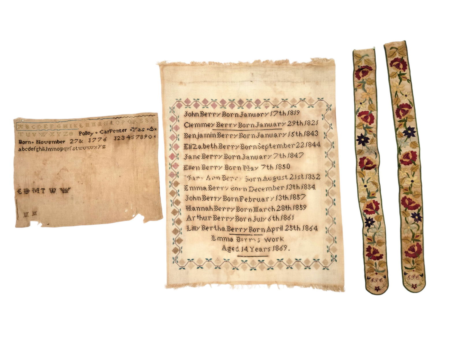 THREE NEEDLEWORK ITEMS: 19th century. Includes an English family record sampler for the Berry family, 20.5" high, 15.5" wide; an unfinished sampler by Polly Carpenter (born 1776), 13" high, 10" wide; and a pair of long silk