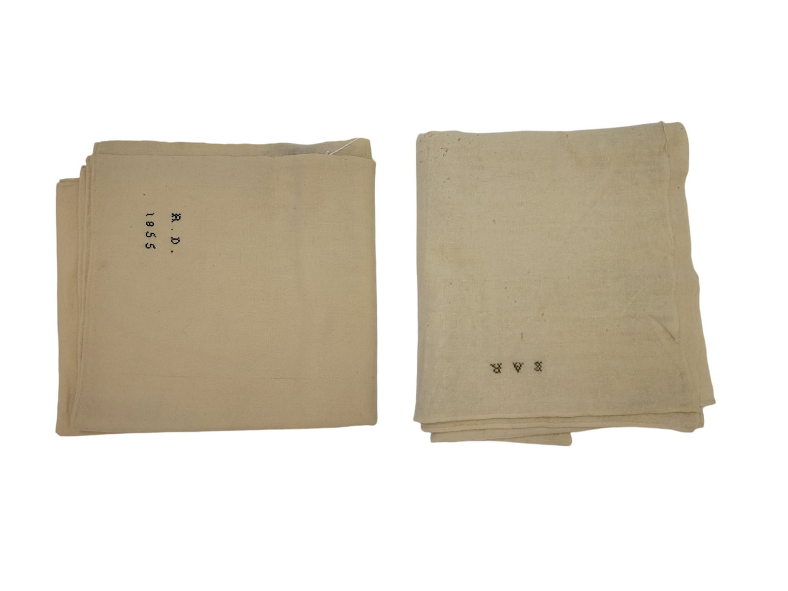 TWO EARLY WOOL BLANKETS: 19th century. One is embroidered "EAR" and the other "R.D. 1855." 70" by 62" and 46" by 70".