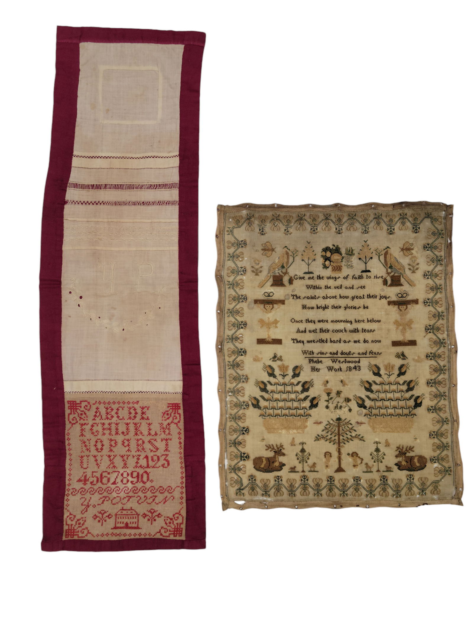 TWO SAMPLERS: An English Adam and Eve sampler by Phebe Westwood dated 1843, 17" by 13", together with a small sampler with a building, mounted below two panels of embroidered linen, 29" by 9".