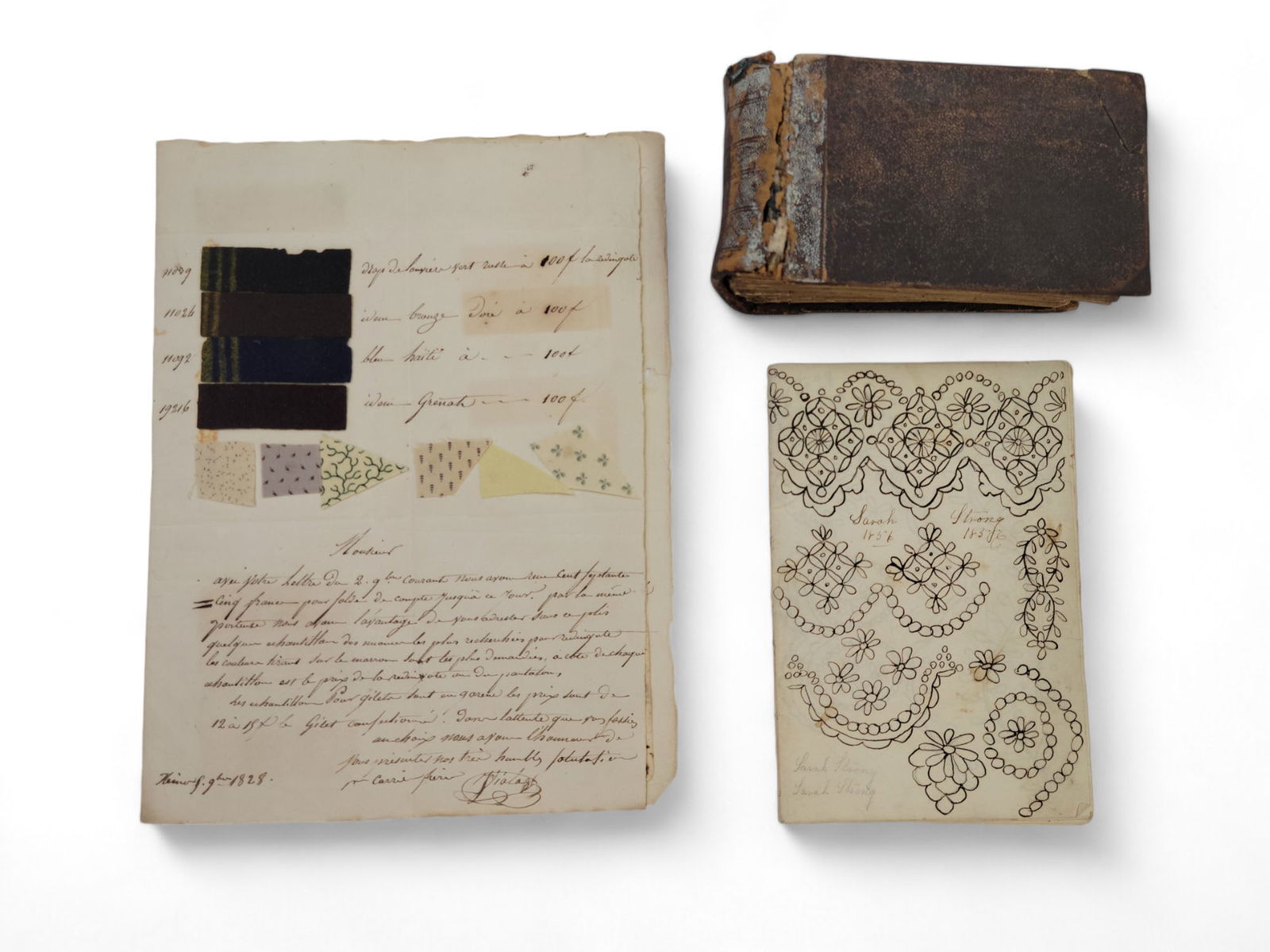 THREE PIECES OF TEXTILE-RELATED EPHEMERA: 19th century. Includes a dated 1856 pattern book made/used by Sarah Strong of Northampton, Massachusetts, 12mo; an 1828 French fabric swatch sample collection, and a sample book, 32mo.